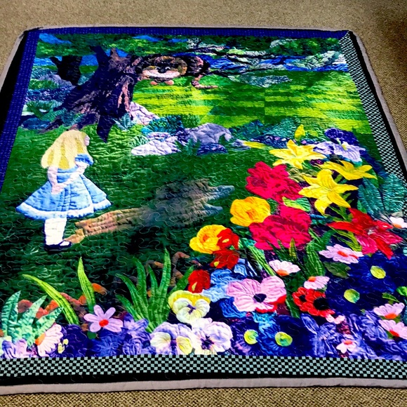 Hand Crafted Other - Alice in Wonderland Handmade Quilt Cheshire Cat Floral Stained Glass Look